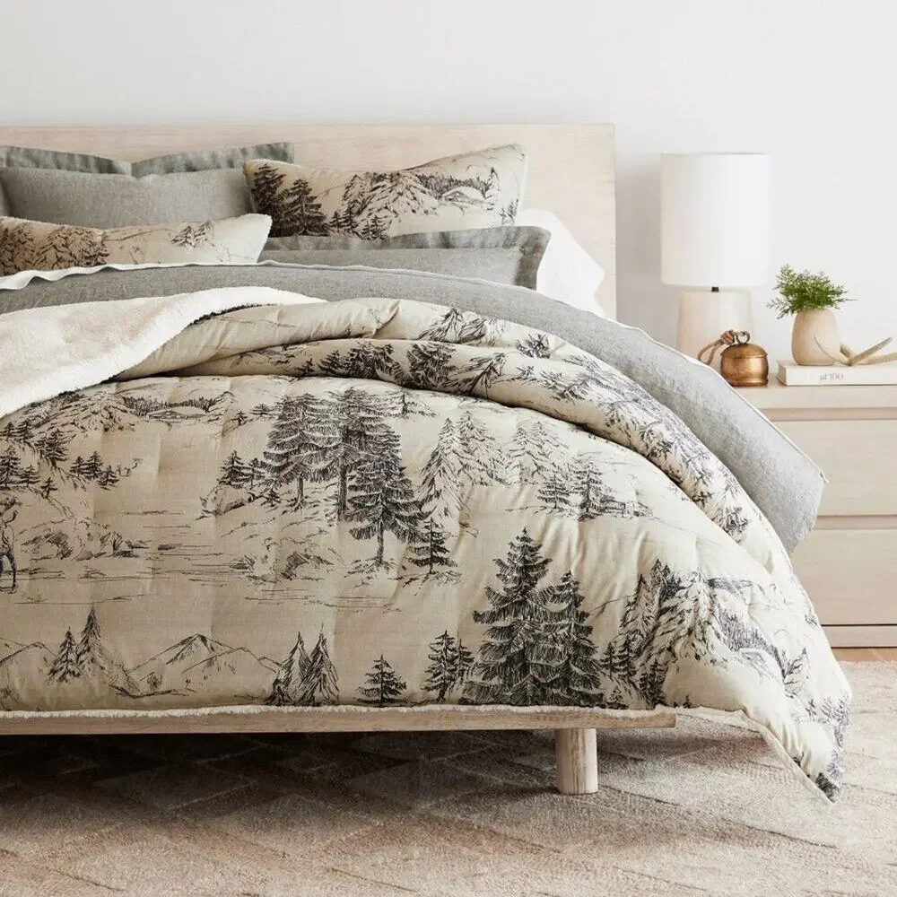 Pottery Barn Rustic Forest Sherpa Comforter King / California King Bedding NEW